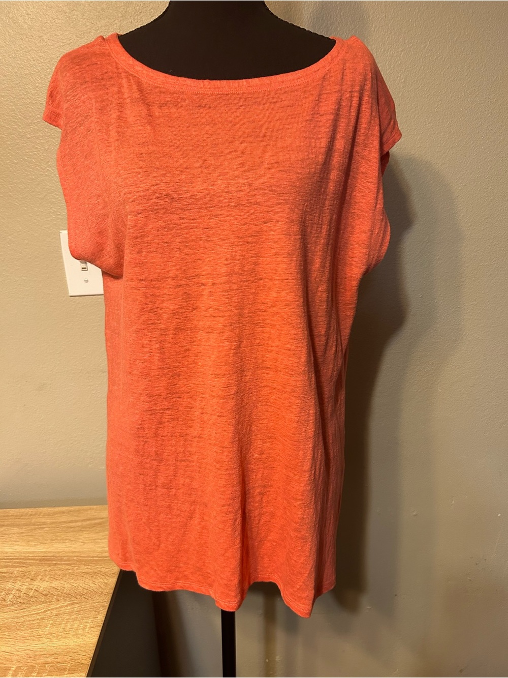 Eileen Fisher Organic Linen Top M Coral Orange Bateau Neck Relaxed Cap Sleeve